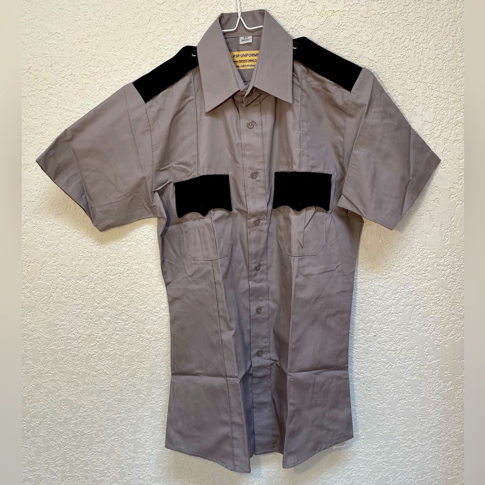 Security Officer Shirt Mens Small Gray/Black Button Down Guard Uniform Work Wear